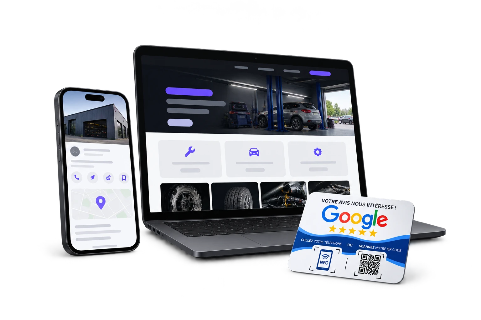 Illustration du pack : fiche sur téléphone, site web sur ordinateur et carte Google Avis NFC avec QR code.