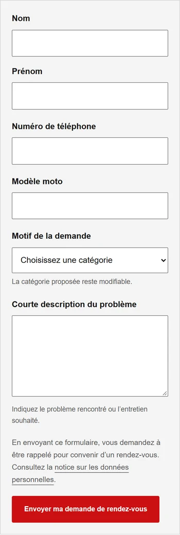 Aperçu mobile du formulaire de rendez-vous Mecabike